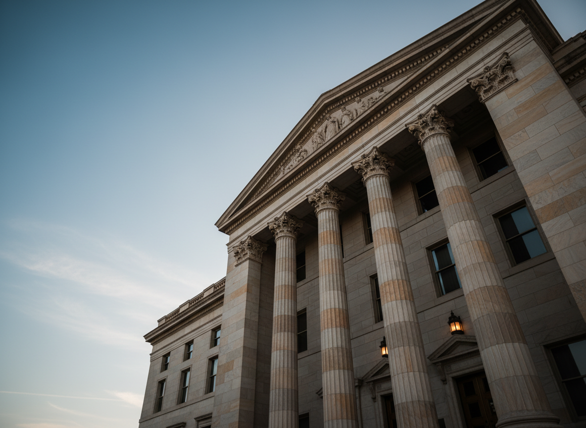 Classical courthouse stone columns rising against a clear sky in dramatic natural light.